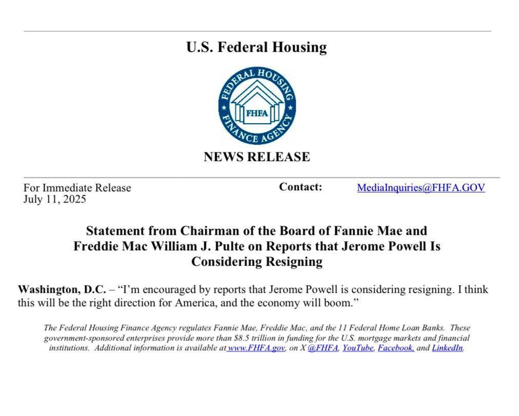 Federal Reserve Chair Jerome Powell contemplating resignation