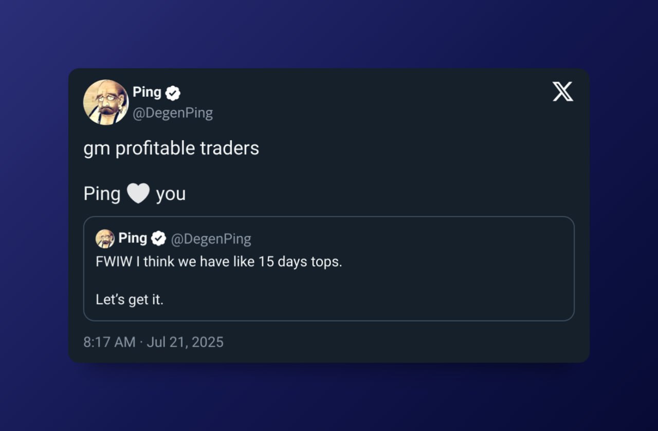 DegenPing Predicts Local Top in Crypto Market in 15 Days