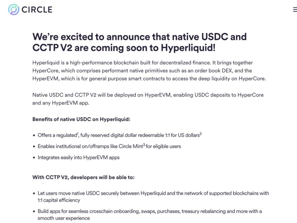 Circle Hyperliquid Announcement