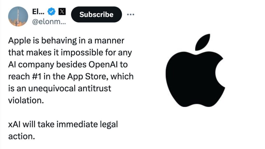 Elon Musk accusing Apple of antitrust behavior towards AI companies